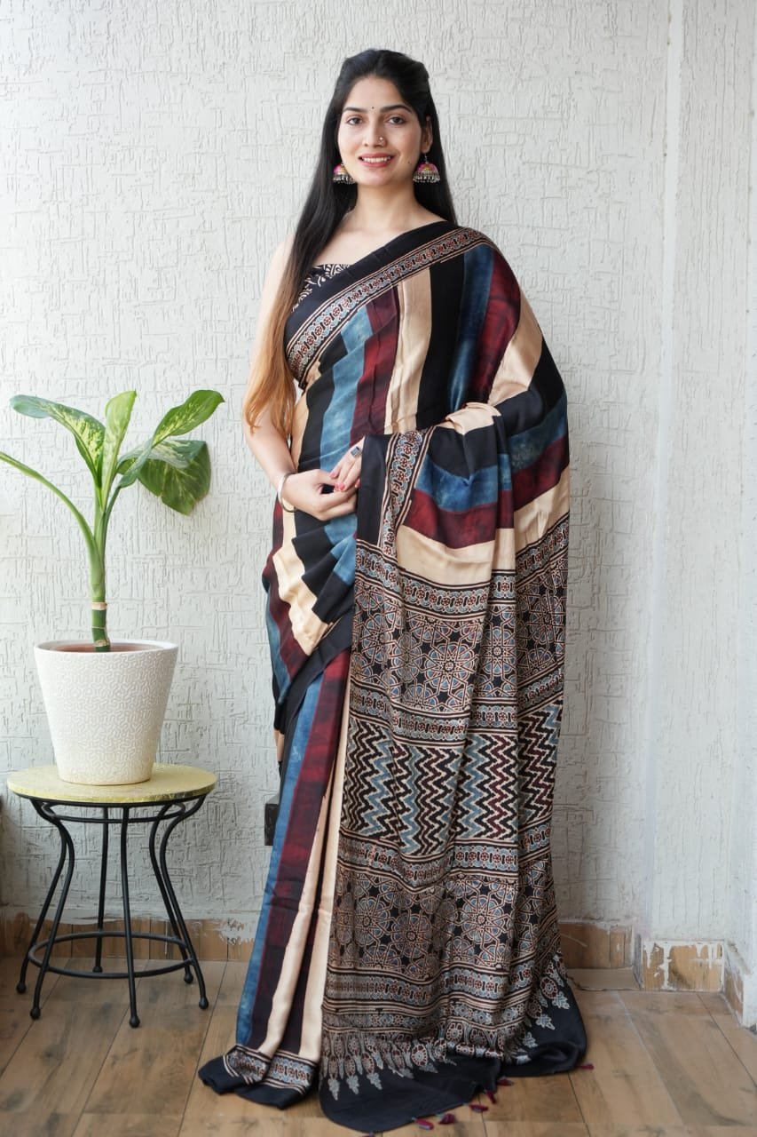 Modal Silk Sarees With Ajrakh Pallu